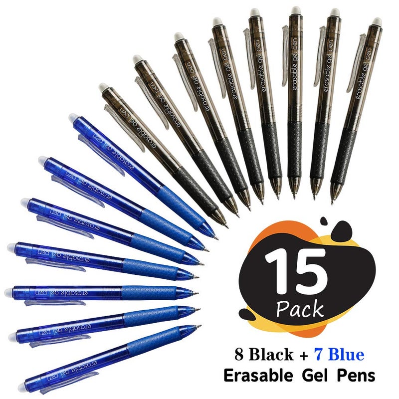 Lineon Erasable Gel Pens, 15 Pack Retractable Erasable Pens Clicker, Fine Point, Make Mistakes Disappear, 8 Black 7 Blue Inks for Writing Planner and Crossword Puzzlesâ€¦ - Image 2